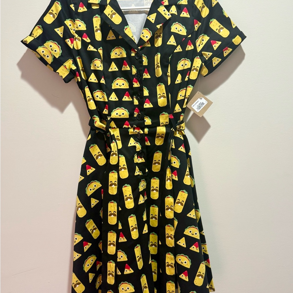 Black and Yellow Taco and Burrito Patterned Midi Dress